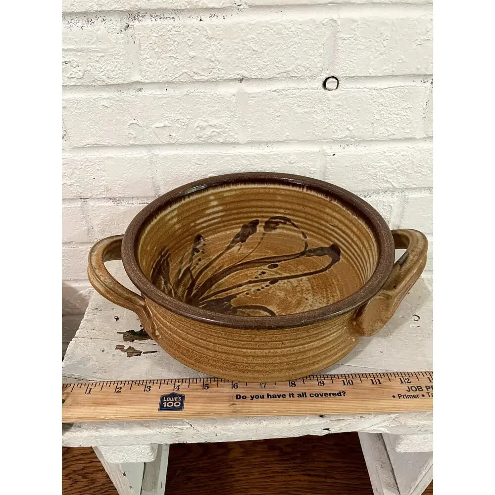Vintage Studio Pottery Handled Stoneware Serving Bowl Brown Floral Glaze 11.5